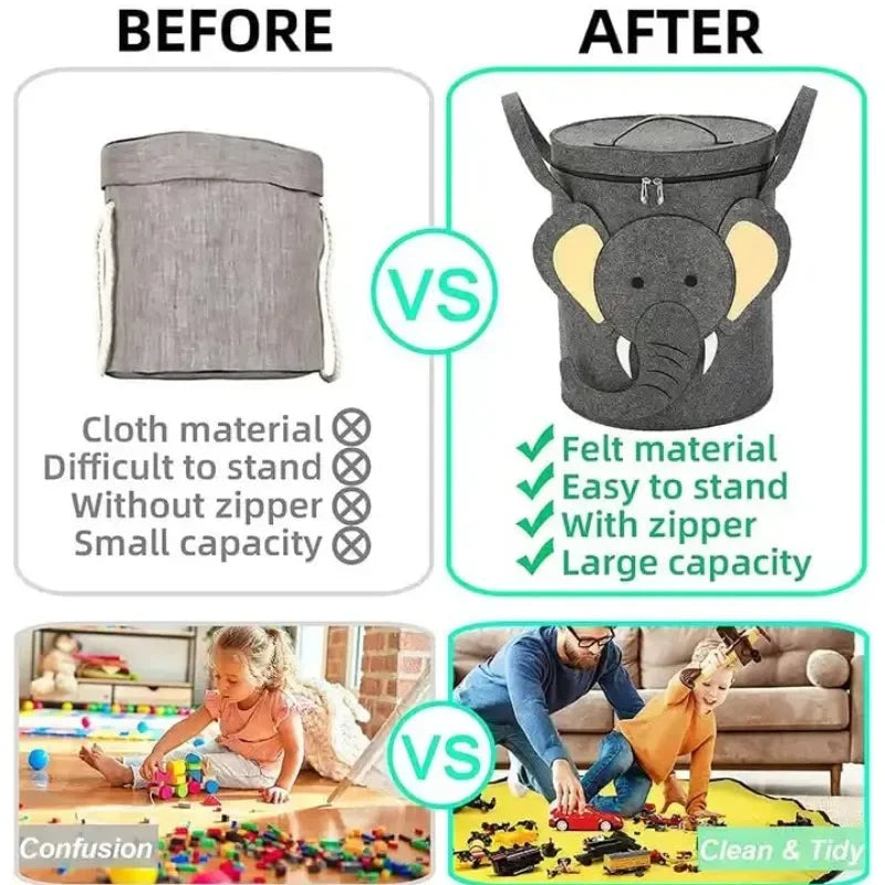 フェルト製 アニマル収納バスケット｜子供部屋 おもちゃ収納｜ランドリーバスケット 折りたたみ式｜ぬいぐるみ収納ボックス｜動物モチーフ フェルト収納