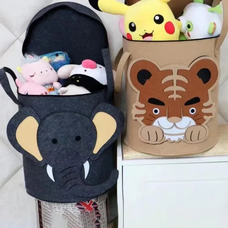フェルト製 アニマル収納バスケット｜子供部屋 おもちゃ収納｜ランドリーバスケット 折りたたみ式｜ぬいぐるみ収納ボックス｜動物モチーフ フェルト収納